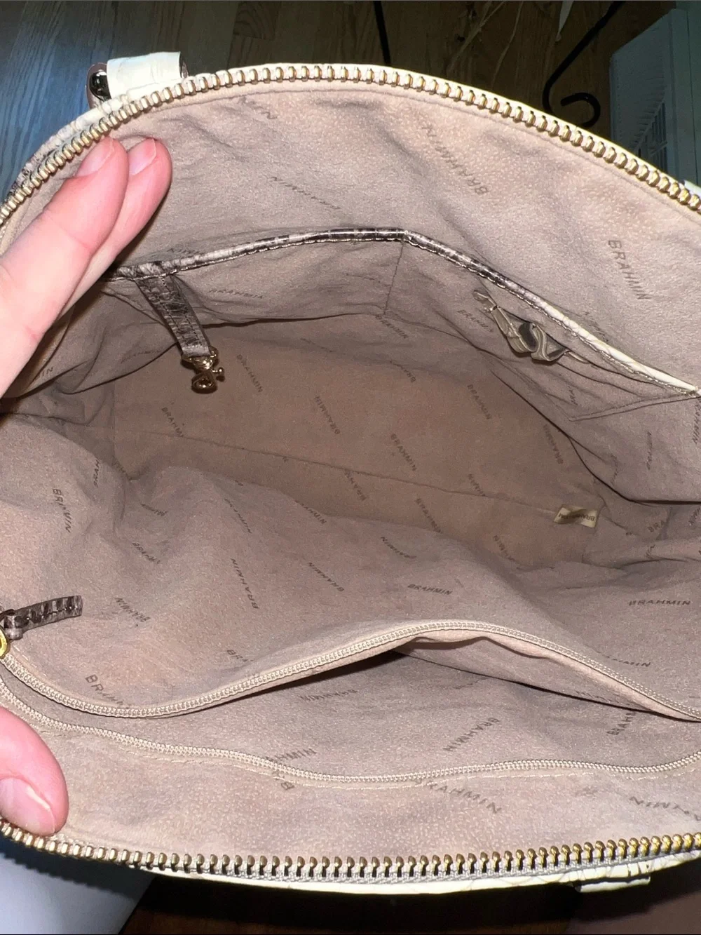 Brahmin Croc-Embossed Satchel in Cream and Gray